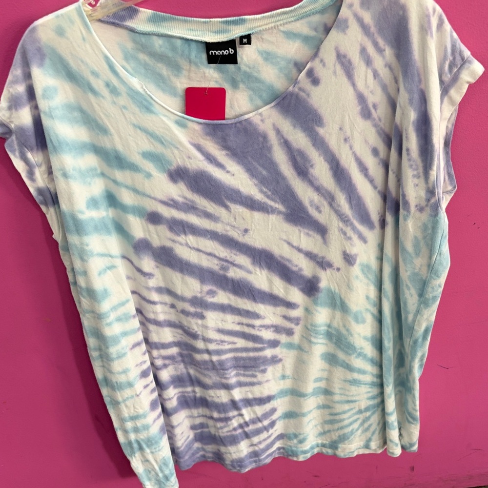 Mono B Tie-Dye Long Sleeve Scoop Neck Top in Light Blue & Lavender